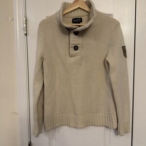 Eddie Bauer Wool Blend Button Mock Neck Sweater Cream Beige Logo Mens Size Sm